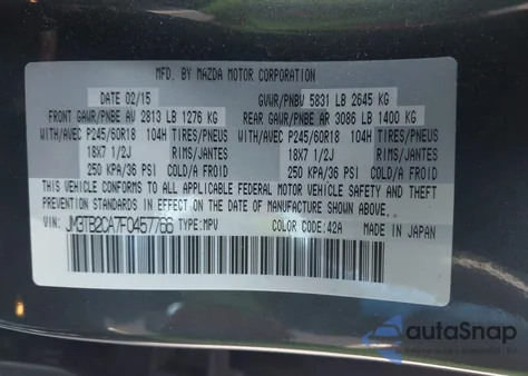 2015 Mazda Cx-9 Touring z USA, uszkodzony, nr VIN JM3TB2CA7F0457766